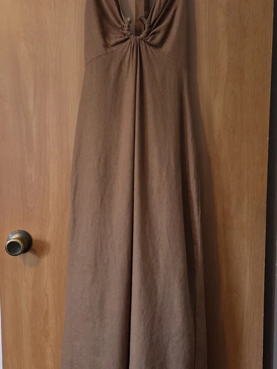 ZARA Black Label Taupe Backless Maxi Dress with Knotted Front Halter Size M - Picture 2 of 10